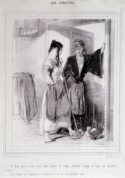2 个可怜的女人在楼梯上谈论男人，“Les Lorettes”，Gavarni，c。 1840. 作者 保罗·加瓦尔尼