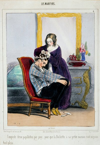 一位母亲给儿子戴上卷发器。 保罗·加瓦尔尼 (1804-1866) 的卡通画，19 世纪巴黎，装饰艺术 作者 保罗·加瓦尔尼