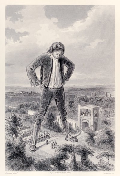 Lilliputian军队在Gulliver的腿之间游行，来自法国版的Gullivers Travels by Jonathan Swift 作者 保罗·加瓦尔尼