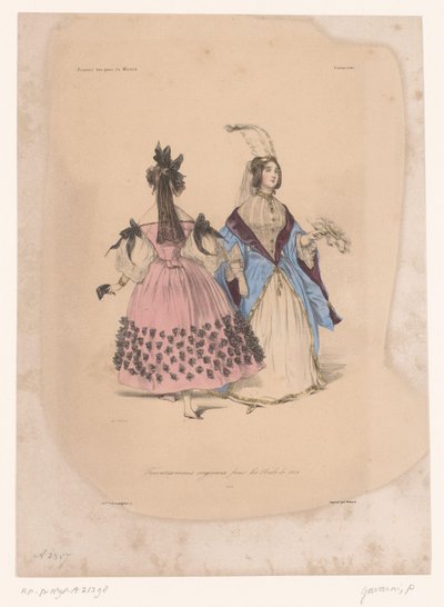 两位身着舞会礼服的女士
Travestissemens originaux pour les Bals de 1834（物品上的标题）
Fantaisies（系列标题）
Fantaisies（物品上的系列名称） 作者 让·弗朗索瓦·贝纳尔