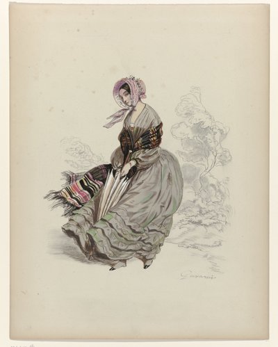风中漫步的女子，撑着阳伞，1840 年 作者 无名氏