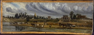 1820 年，香榭丽舍大街附近的库奈特街塞纳河畔（1820 年）（绘画） 作者 保罗·休特
