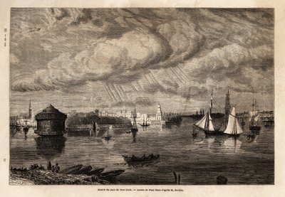 纽约港的入口，由保罗-胡埃（1803-1869）绘制，用于说明1854-1855年的北美航行，由L. Deville绘制。1861年 "世界之旅 "中的版画。塞尔瓦的收藏。 作者 保罗·休特