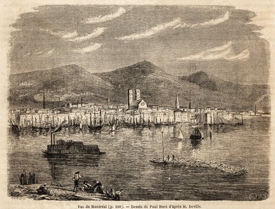 View of Montreal, drawing by Paul Huet (1803-1869), to illustrate the voyages to North America in 1854-1855, by L. Deville. Engraving in “” Le tour du monde”” 1861. Selva