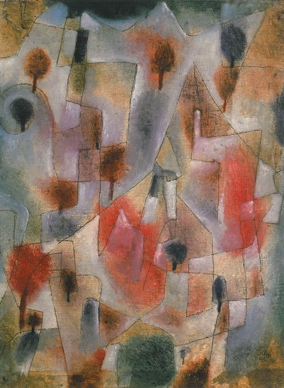 蓝色和红色的树木与景观，1920年。 作者 Paul Klee