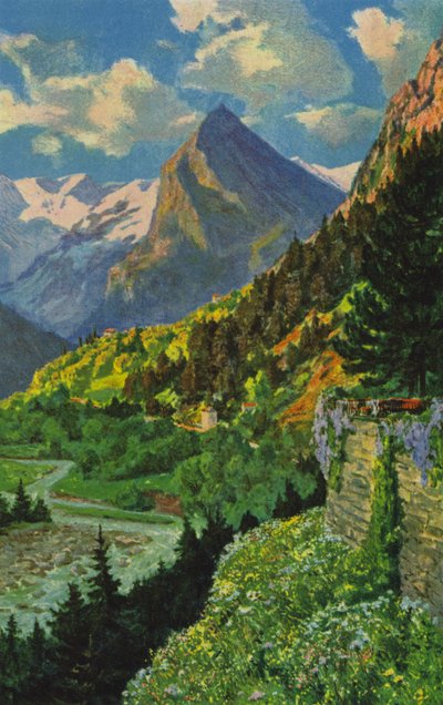 瑞士温泉：阿夸罗萨，布莱尼奥山谷上的风景（彩色石版画） 作者 保罗·库沙