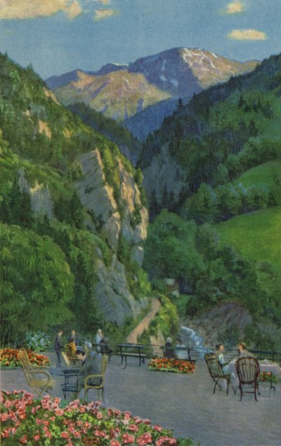 瑞士水疗中心：Passugg、Kurhaus Garden Terrace（彩色光刻） 作者 保罗·库沙