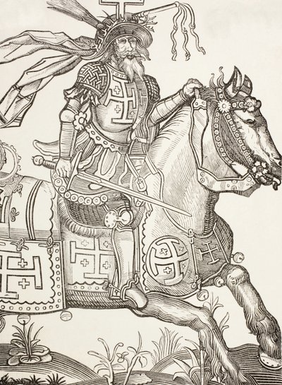 Godfrey Of Bouillon，约 1060 - 1100 年，中世纪法兰克骑士。第一次十字军东征的领袖。图中他头戴基督受难工具的皇冠。根据 15 世纪的木刻绘制。 作者 保罗·拉克鲁瓦