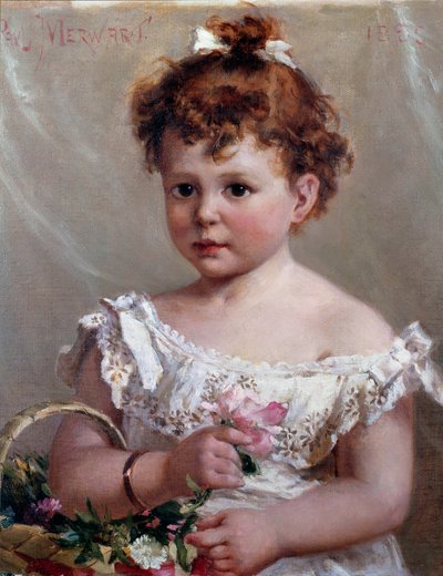 篮子里的女孩或 Helene Loeb，未来的维克多·里昂夫人，两岁时 Paul Merwart (1855-1902) 19 世纪 Sun 作画。 0,46x0,38 m 作者 保罗·默沃特