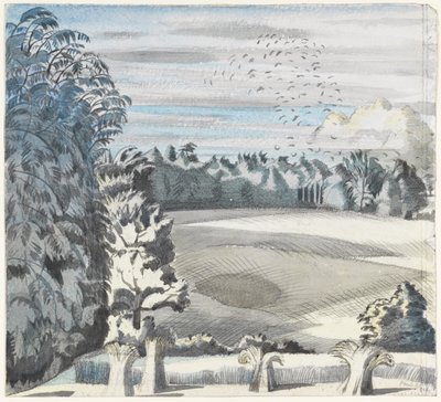 鲁克的风景，约 1913-14 年（纸面黑色粉笔和水彩画） 作者 保罗·纳什