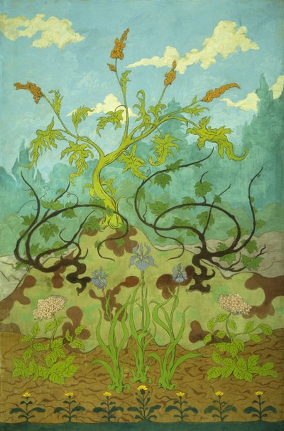 菊科植物和紫红色鸢尾花； Jaunes et Iris Mauves，1899年 作者 保罗·埃利·兰森