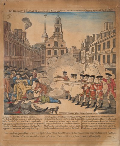 1770 年 3 月 5 日，第 29 团的一支队伍在波士顿国王街进行了血腥大屠杀。 作者 保罗·里维尔
