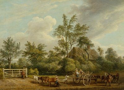 萨福克伊斯顿公园附近一辆载着农场工人和牛的干草车（布面油画） 作者 保罗·桑德比