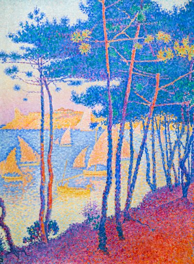 帆船和松树，c。 1896（布面油画） 作者 保罗·西尼亚克