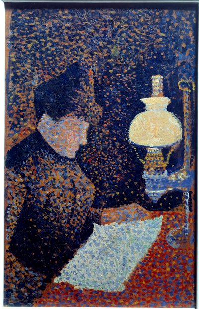 在灯下的女人。点画法。保罗·西纳克（Paul Signac）绘画 作者 保罗·西尼亚克