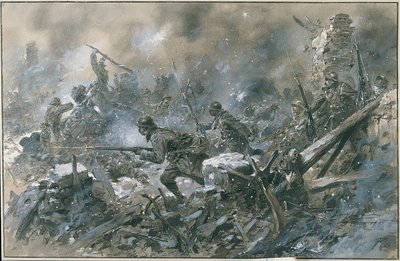 第一次世界大战（1914-1918）：“1916 年凡尔登前线沃村的反击””Paul Thiriat Paris 水彩画。 博物馆，Deux guerre mondiale DR - 法军对凡尔登附近沃村的反击 作者 保罗·提里亚特