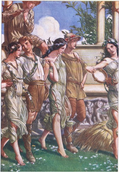 朱诺，谷神星和仙女和收割者的面具，插图来自暴风雨，1908年 作者 保罗·文森特·伍德罗夫