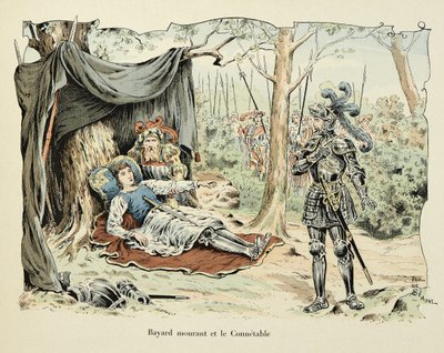 插图取自 Theodore Cahu 的“Histoire du chevalier Bayard”一书，由 Paul De Semant（1855-1915）绘制：Bayard 垂死和 Le Connetable de Bourbon 1524 作者 保罗·德·塞曼特