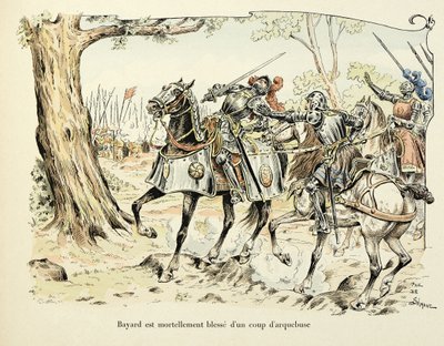 插图取自 Theodore Cahu 的“Histoire du chevalier Bayard”一书，由 Paul De Semant（1855-1915 年）绘制：Bayard 在 1524 年用火绳枪造成致命伤 作者 保罗·德·塞曼特