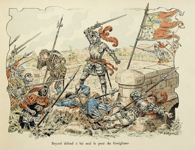 插图取自 Theodore Cahu 的“Histoire du chevalier Bayard”一书，由 Paul De Semant（1855-1915 年）绘制：Bayard 仅保卫加里利亚诺桥 1504 作者 保罗·德·塞曼特