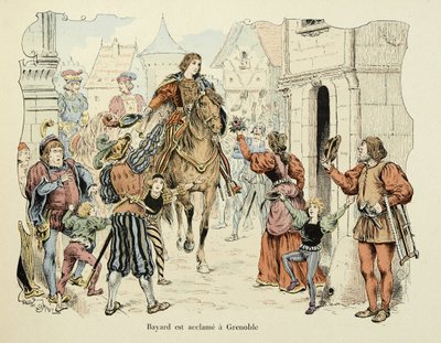 插图取自 Theodore Cahu 的“Histoire du chevalier Bayard”一书，由 Paul De Semant（1855-1915 年）绘制：Bayard 在格勒诺布尔的喝彩 作者 保罗·德·塞曼特