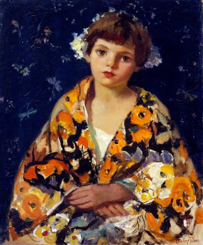 "穿和服的女孩远东日本对欧洲印象派绘画的影响。宝琳-帕尔默（1867-1938 年）的画作。木板油画。尺寸：60.7 x 50.5 厘米 私人收藏 作者 宝琳·帕尔默（Pauline Palmer）