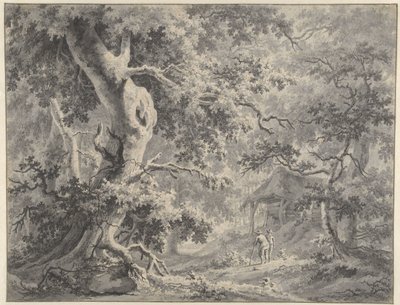 森林场景，小屋附近有两个人物 作者 保罗·范·林德