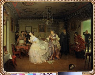 少校的订婚描述一间客厅、装饰、餐具和 19 世纪的家具。 一位老妇人宣布少校的到来，未婚妻放下她的白色蕾丝手帕，高兴地转身离开，被少校的手帕挡住了去路。 作者 帕维尔·安德烈耶维奇·费多托夫（Pavel Andreevich Fedotov）