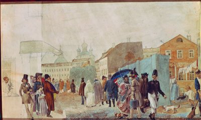 莫斯科雨中街景。帕维尔-安德列耶维奇-费多托夫（1815-1852 年）的作品，纸上水彩画 作者 帕维尔·安德烈耶维奇·费多托夫（Pavel Andreevich Fedotov）
