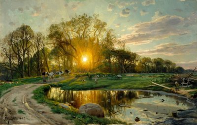 日落时牛的归乡 作者 Peder Monsted
