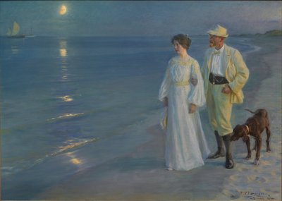 丹麦语：Sommeraften ved Skagens Strand 斯卡根海滩的夏夜。艺术家和他的妻子。 作者 Peder Severin Krøyer