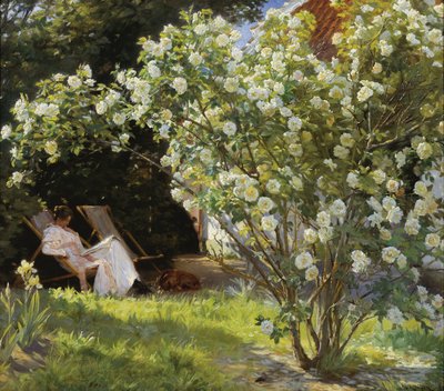 玫瑰玛丽·克罗耶（MarieKrøyer）坐在本森夫人家的花园的躺椅上 作者 Peder Severin Krøyer