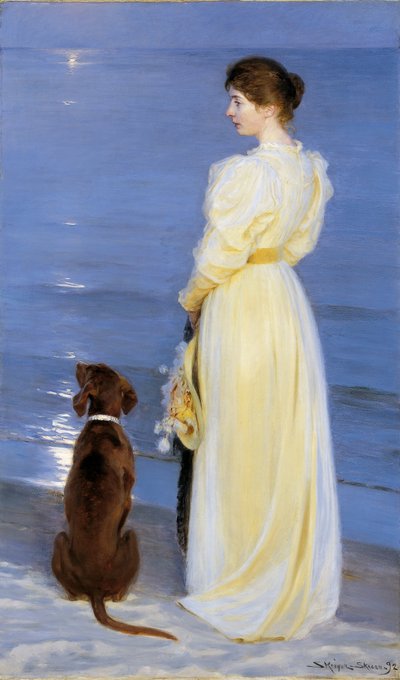 夏天在斯卡恩。艺术家的妻子和狗在海边 作者 Peder Severin Krøyer