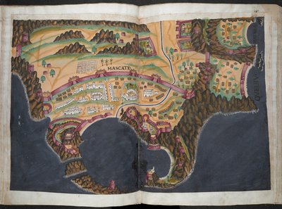马斯喀特 [马斯喀特] 的平面图或视图，c.1635（纸上颜料） 作者 佩德罗·巴雷托·德·雷森德