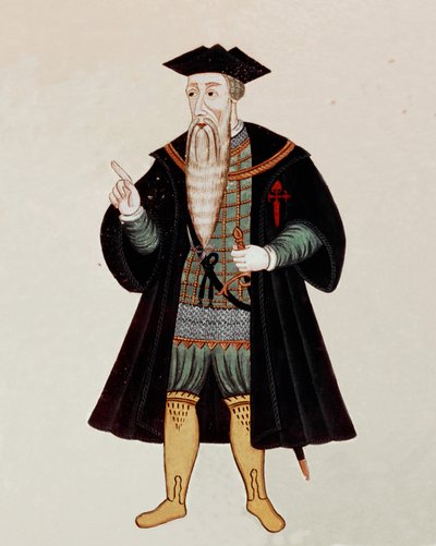 阿尔布开克（1453-1515）的阿方索（阿方索或阿方索）的脚下肖像，葡萄牙航海家和征服者，有时被称为 "葡萄牙火星"。在 "Livro do Estado da India Oriental "中，作者是葡萄牙的Pedro Barretto de Resende。 作者 佩德罗·巴雷托·德·雷森德