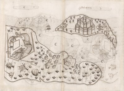 葡萄牙的巴林群岛平面图，Livro do Estado da India Oriental of Pedro Barreto de Resende，Sloane MS 197，f.165v-166r（纸上钢笔和墨水）。 作者 佩德罗·巴雷托·德·雷森德