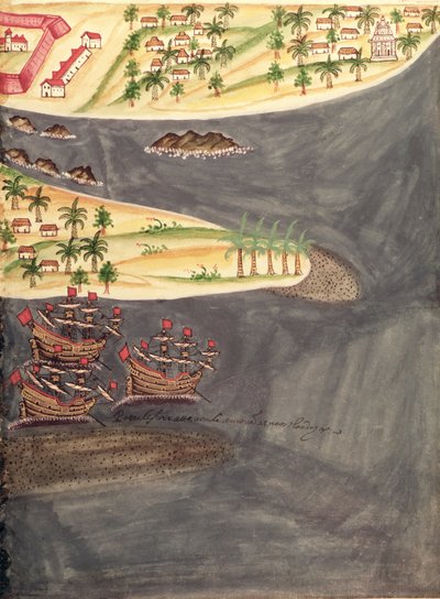 Sloane 197 f.182 印度古吉拉特地区苏拉特勘探地图，插图选自《葡萄牙殖民地历史记述》。 作者 佩德罗·巴雷托·德·雷森德