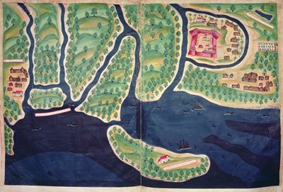 Sloane Ms 197，ff.80v-81r：莫桑比克索法拉地图，选自 "Livro do Estado da India Oriental"（钢笔和墨水，带水彩）。 作者 佩德罗·巴雷托·德·雷森德