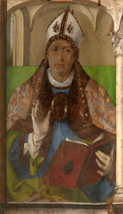 Ambroise de Milan (vers 340-397) - Saint Ambrose, Archbishop of Milan par Berruguete, Pedro (1450-1503)。木板油画，尺寸：117x65，约 1473-1475 年，马尔凯国家美术馆，乌尔比诺 作者 佩德罗·贝鲁格特
