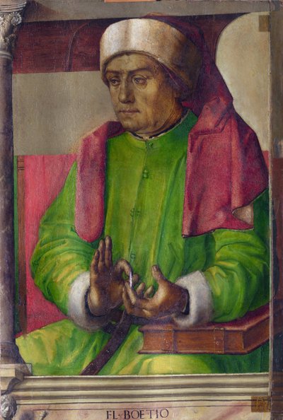 Boece (480-524) - Boethius par Berruguete, Pedro (1450-1503)。木板油画，尺寸：97x63，约 1473-1475 年，马尔凯国家美术馆，乌尔比诺。 作者 佩德罗·贝鲁格特