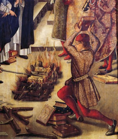 焚烧异端书籍，细节来自 San Domenico 和 Albigenses，作者 Pedro Berruguete（约 1450 年 - 约 1504 年） 作者 佩德罗·贝鲁格特