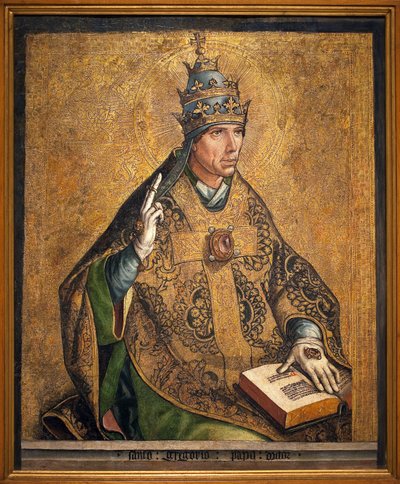 教皇圣格雷瓜尔的肖像（被称为伟大的教皇，540-604 年）。 Pedro Berruguete 的绘画（大约 1450 年），木头上的油和金箔，大约 1495 年。加泰罗尼亚国家艺术博物馆，巴塞罗那（西班牙）。 作者 佩德罗·贝鲁格特