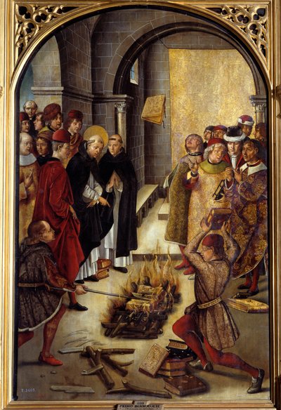 Saint Dominique and the Albigeois (Le Miracle des Fanjeaux)：圣人给了 Albigeese 这本书，驳斥了他们的异端邪说，Albigeers 试图烧掉它，但没有成功。 Pedro Berruguete (1450-1504) 的绘画。 16世纪太阳。 1,22 x 0,83 m 马德里, 作者 佩德罗·贝鲁格特