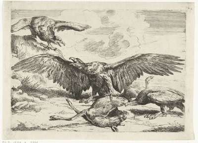 三只老鹰争夺一只死鹿
Diversi uccelli（系列名称） 作者 彼得·布尔