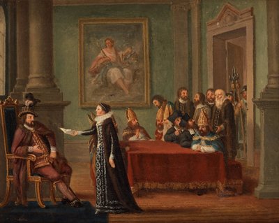 Christine Gyllenstierna (1494-1559) avec la lettre de sauf conduit, devant le roi Christian II de Danemark (1481-1559) - Christina Gyllenstierna with the letter of safe conduct before Christian II par Hillestroem, Pehr (1732-1816) 。布面油画，尺寸：42 作者 Pehr Hilleström