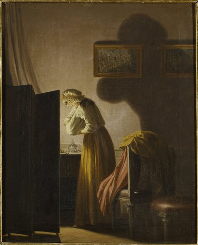 Une femme attrapant des puces a la lumiere de la bougie - A Woman Catching Fleas by Candlelight, by Hillestrom, Pehr (1732-1816). Oil on canvas. Dimension : 51,5x42,5 cm. Nationalmuseum Stockholm 作者 佩尔·希勒斯特罗姆（PehrHilleström）