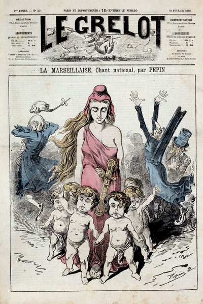 One of “” The bell”” representing an allegory of the national anthem “” La Marseillaise””” advancing while the nobles clog their ears while fleeing. Illustration by Pepin. 10/02/1878. Private Collection 作者 佩品