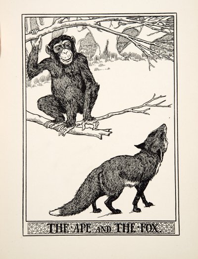 猿猴和狐狸，选自《伊索百家寓言》，1903年出版（雕刻）。 作者 珀西·比林斯赫斯特（Percy J.