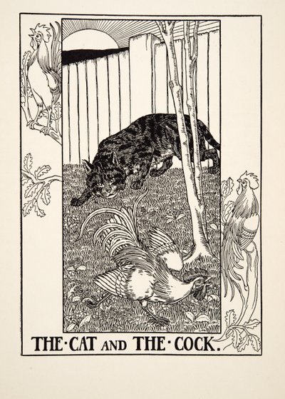 “猫与公鸡”，来自A Andred寓言的Aesop，pub.1903 作者 Percy J. Billingshurst