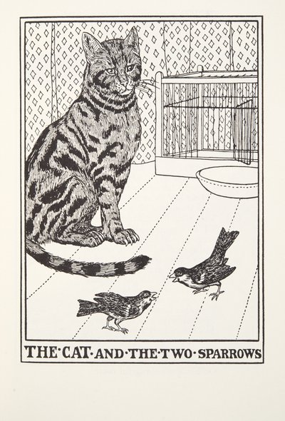 猫和两只麻雀，来自Fontaine Fables，酒吧。 1905年 作者 Percy J. Billingshurst
